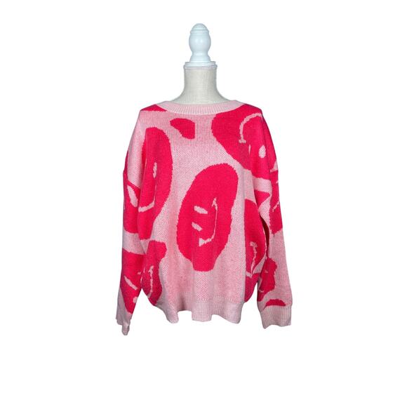 Altar’d State Sweater Womens Medium Pink Smiley Face Y2K Oversized Crewneck LS - Picture 1 of 6